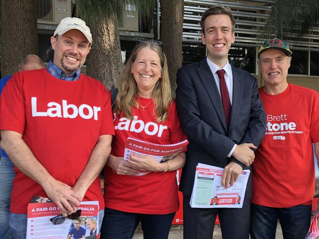 Labor candidate Brett Stone with volunteers this morning.