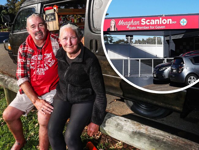 A caravan city has taken over a park near Housing Minister Meaghan Scanlon's Gold Coast electorate office.