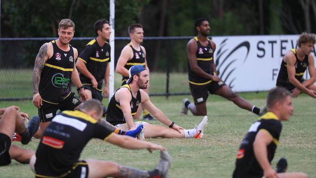 Tom Simpson (far left) at a Tigers training session. Photo: Scott Powick.