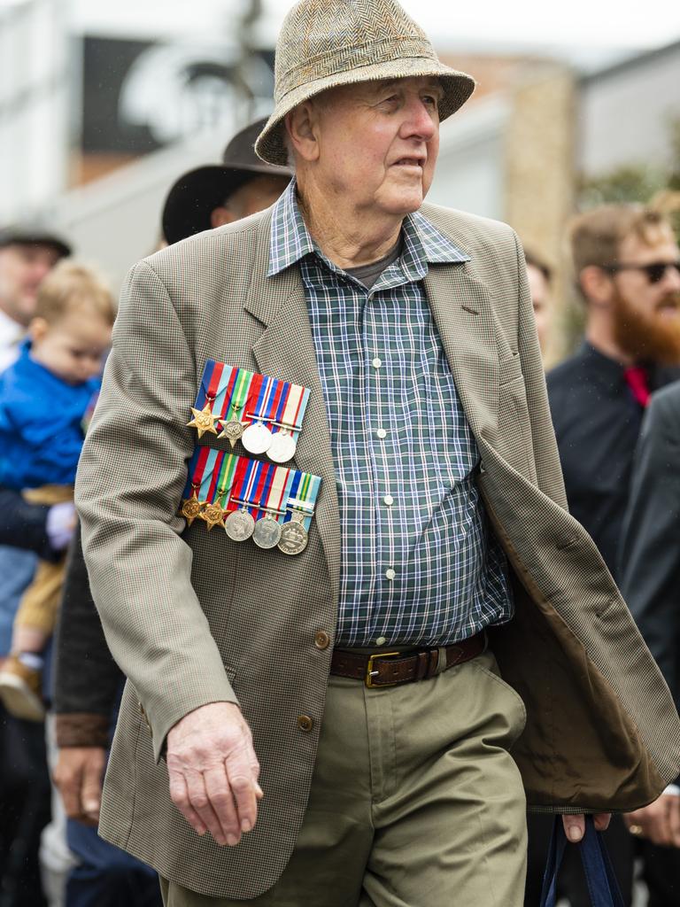 Brian Shackleton marching in the Anzac Day morning march, Monday, April 25, 2022. Picture: Kevin Farmer