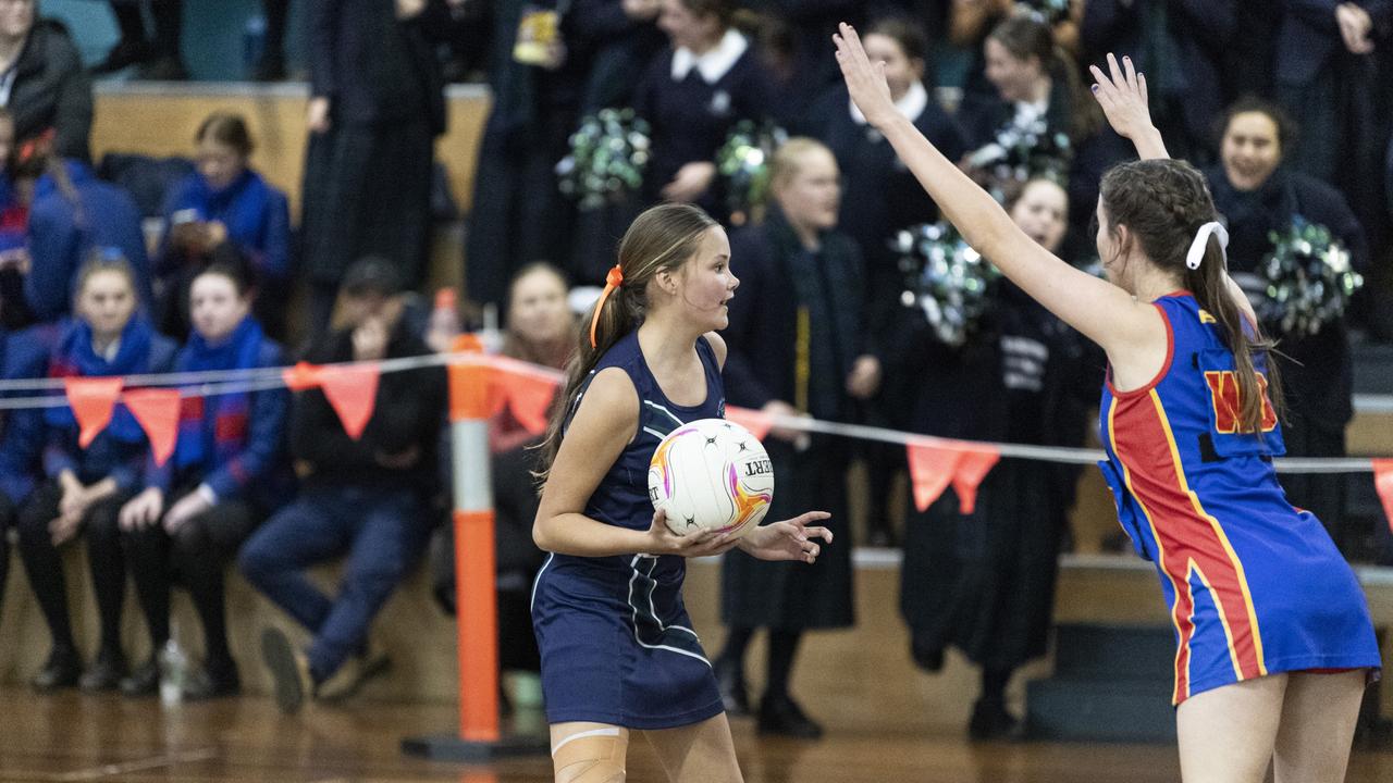 Lily Kearney of St Ursula's Junior B against Downlands Junior B in Merici-Chevalier Cup netball at Salo Centre, Friday, July 19, 2024. Picture: Kevin Farmer