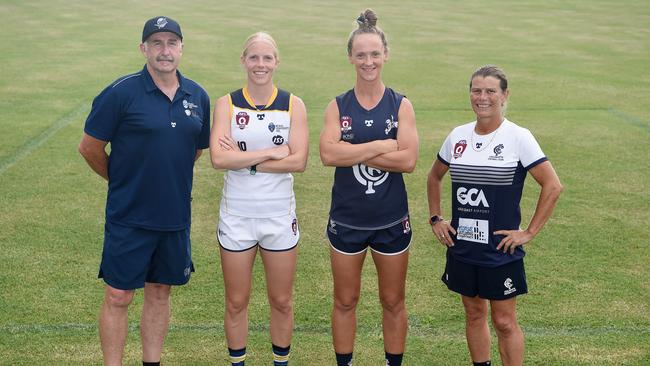 On Saturday, Bond University and Coolangatta will go head to head in round 1 of the QAFLW season. Pictured at Bond University in Robina, Bond Sharks coach Shane Atkins with Shannon Danckert, Emily Otto from Coolangatta Bluebirds with coach Nicole Graves. Picture: Lawrence Pinder