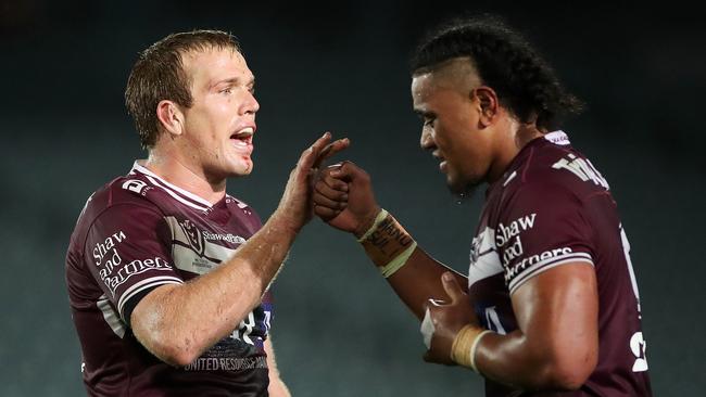 Jake Trbojevic was the voice of seniority for the Sea Eagles at halftime last week. Picture: Cameron Spencer/Getty Images