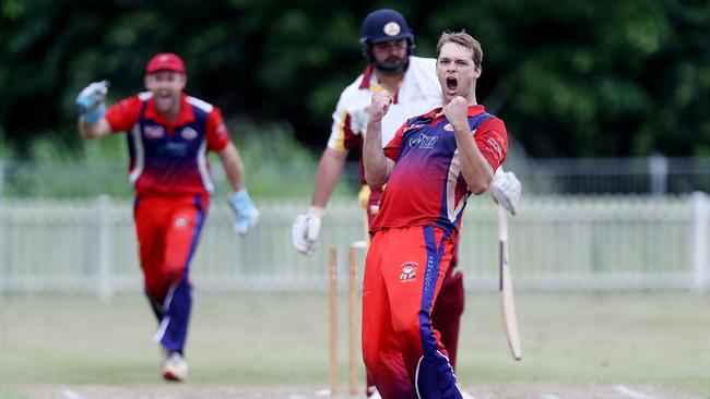 Cricket Far North first-grade semi-final between Mulgrave and Atherton at Walker Road Sporting Precinct, Edmonton. Mulgrave's Wade Matthews celebrates his 5th wicket to win the game. Picture: Stewart McLean