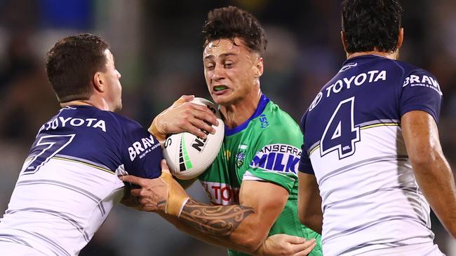 Charnze Nicoll-Klokstad has been dropped to the bench for the Raiders’ clash against premiers Penrith. Picture: Mark Nolan/Getty Images