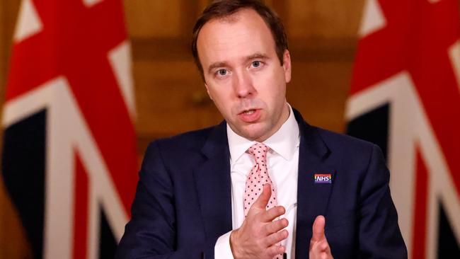 British Health Secretary Matt Hancock hosts a remote press conference. Picture: Getty Images.