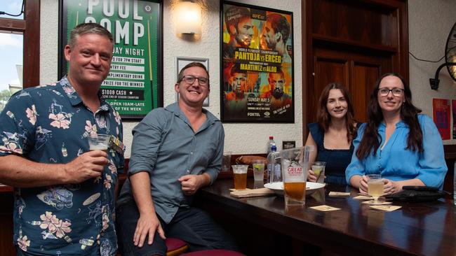 Chris Macer, Bill Kmon, Angela Harris and Elisha Harris as ADF personnel crowd into Darwin pubs to celebrate Anzac Day. Picture: Pema Tamang Pakhrin