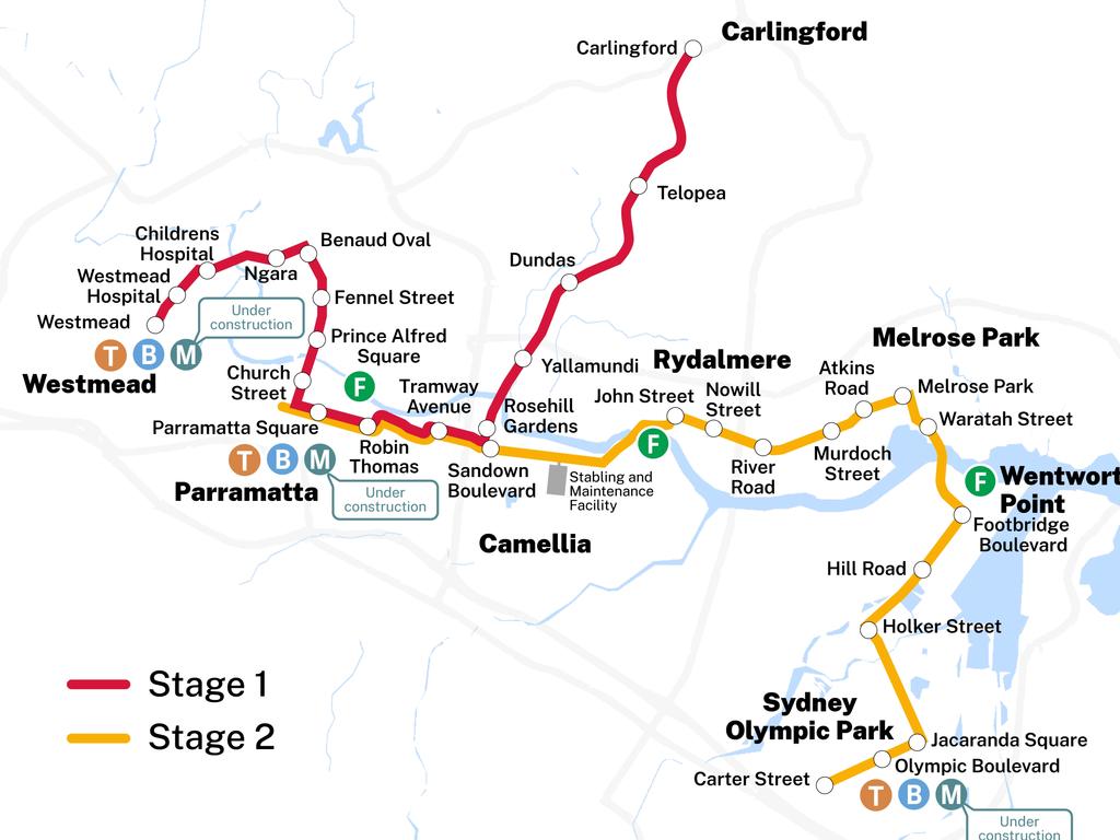 The route of the first and second stages of the Parramatta Light Rail. Picture: NSW Government