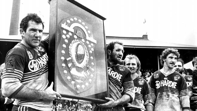 Eels legends Mick Cronin, Ray Price, Peter Sterling and Brett Kenny celebrate Parramatta’s 1986 grand final win. Picture: Peter Kurnik