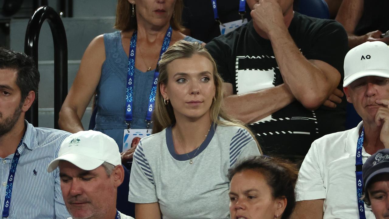 Katie Boulter sits amongst Alex de Minaur’s family. Photo by Graham Denholm/Getty Images.