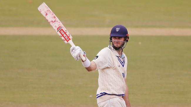 MELBOURNE, AUSTRALIA - MARCH 31: Kurtis Patterson of New South Wales celebrates his half century during day four of the Sheffield Shield Final match between Victoria and New South Wales at Junction Oval on March 31, 2019 in Melbourne, Australia. (Photo by Michael Dodge/Getty Images)