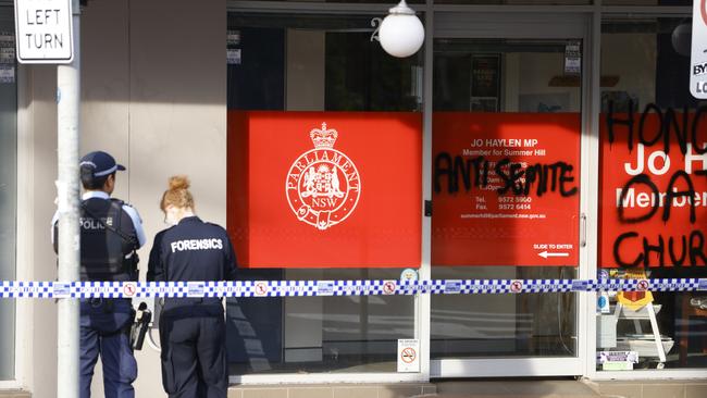 MP Jo Haylen’s office in Marrickville after an earlier graffiti attack on Saturday. Picture: Damian Shaw