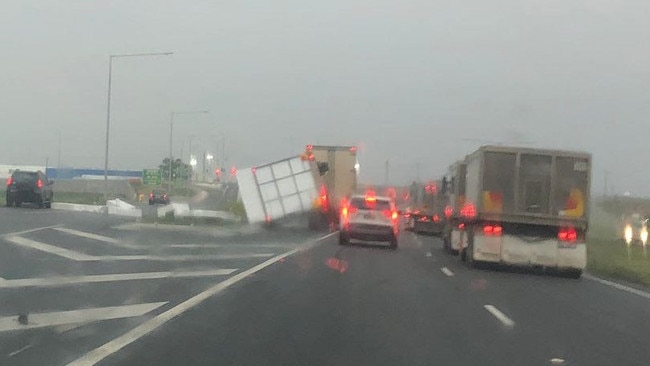 A truck that flipped on the Craigieburn Bypass on Friday. Picture: via 3AW