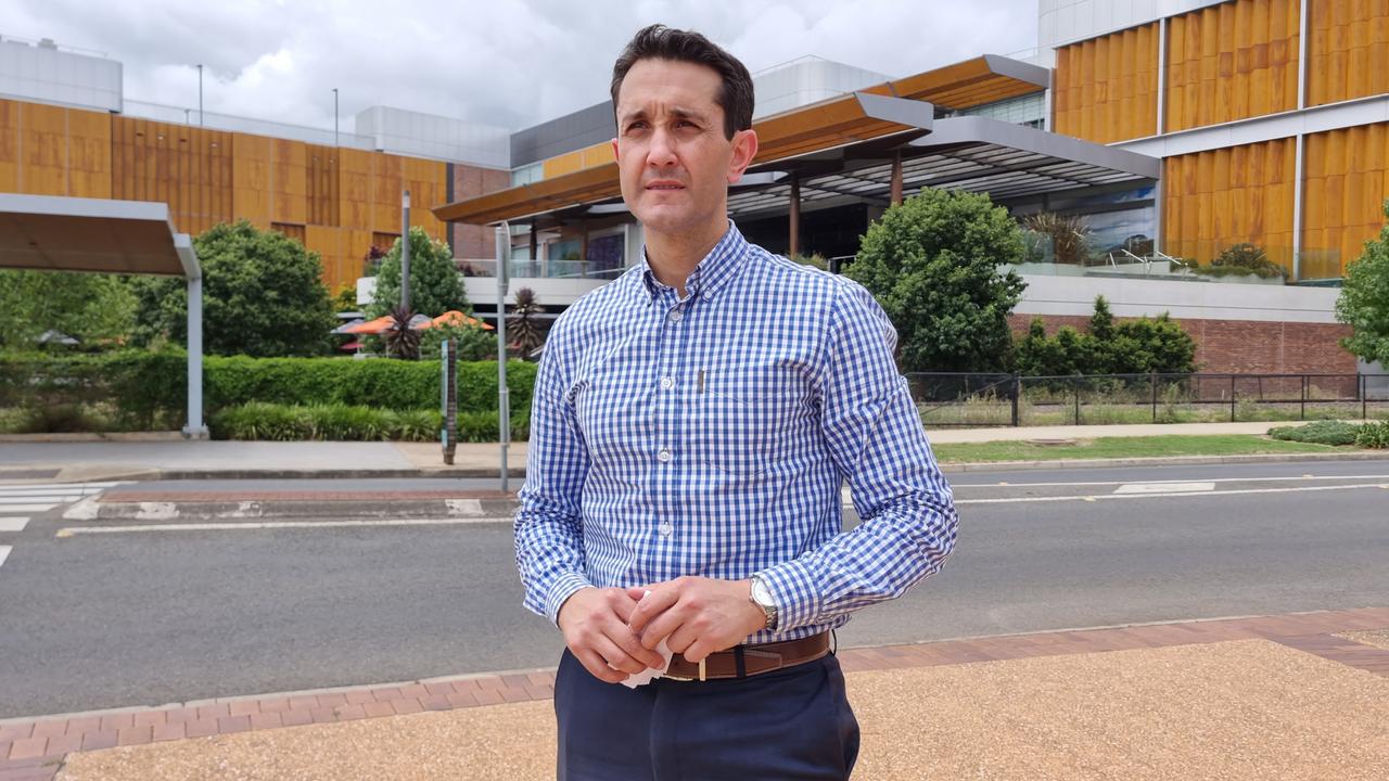 State Opposition Leader David Crisafulli stands outside Grand Central Shopping Centre in Toowoomba, the scene of where an elderly man was allegedly assaulted in broad daylight on Monday.