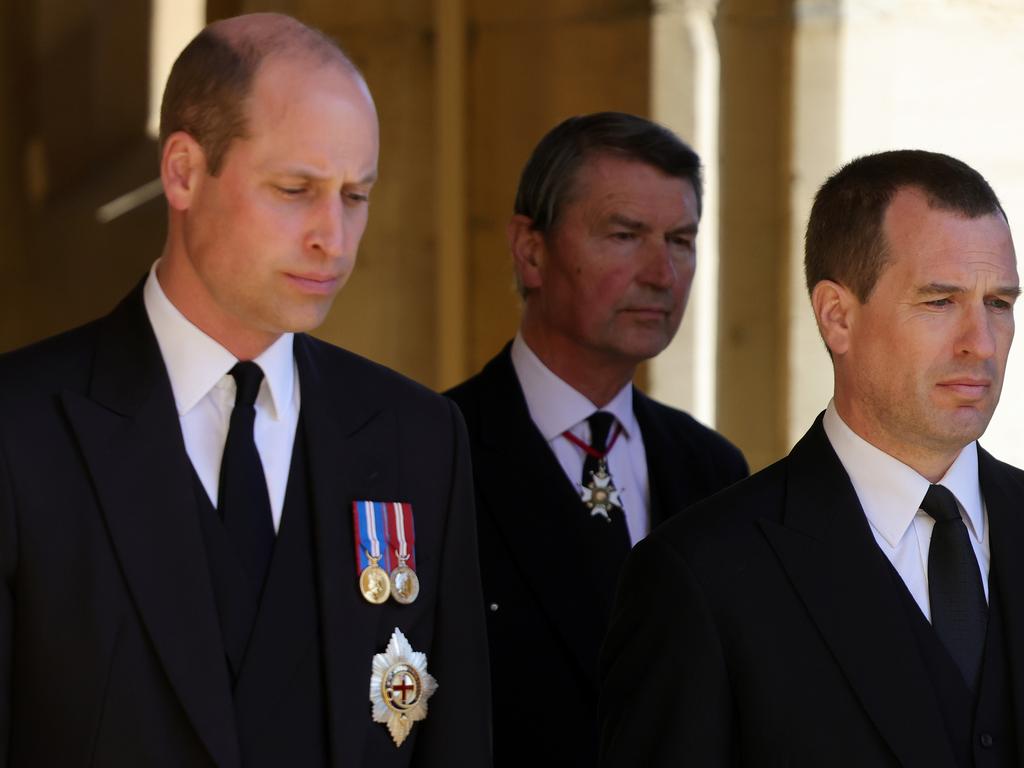 Prince William, Duke of Cambridge, Vice-Admiral Sir Timothy Laurence and Peter Phillips during the funeral of Prince Philip, Duke of Edinburgh at Windsor Castle. Picture: Getty Images