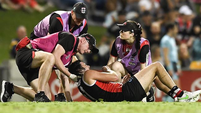 Clark was left with a broken jaw after being cleaned up by the veteran Crow. Picture: Albert Perez/AFL Photos/via Getty Images