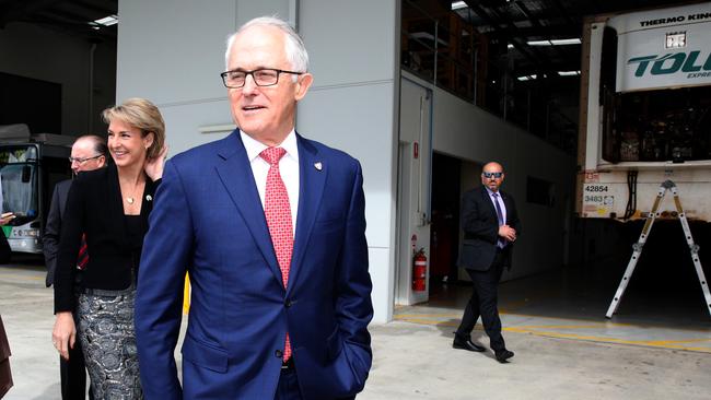 Prime Minister Malcolm Turnbull and Minister for Jobs and Innovation Michaelia Cash are seen during a visit to Thermo King West, a refrigerated transport service company, in Perth. Picture: AAP