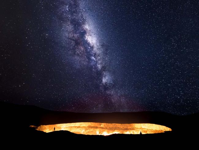 Heaven meets hell as the milky way ascends over the Darvaza gas crater in the Karakom desert, Turkmenistan. Picture: Tino Solomon