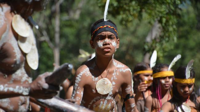 Dancers from Yarrabah at the Laura Quinkan Dance Festival. Picture: Bronwyn Farr