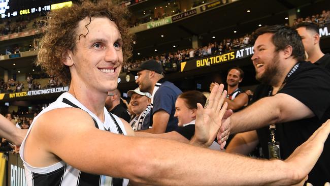 Chris Mayne was all smiles after playing a key role in Collingwood’s win over Richmond. Picture: Michael Dodge/Getty Images.