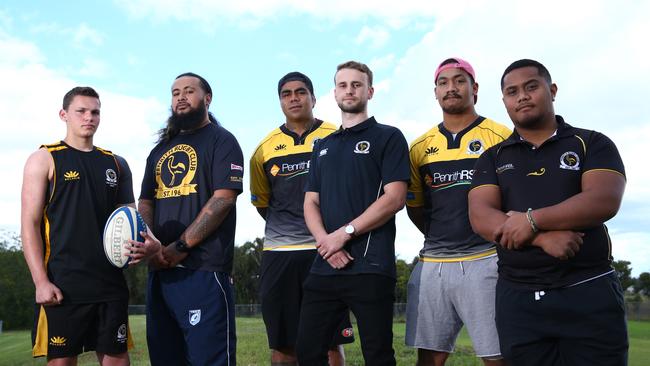 Penrith Rugby Club players Adam Mackenzie, Rock Paulo, Willie Tooala, Campbell Hislop, Matthew Faoagali and Barry Scanlan yesterday. Picture: Britta Campion