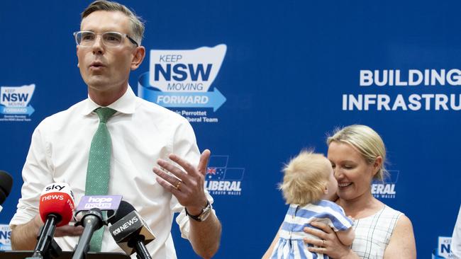 Dominic Perrottet was joined by his wife Helen and daughter Celeste as his campaign moved from North Sydney west to Penrith. Picture: NCA Newswire/ Monique Harmer