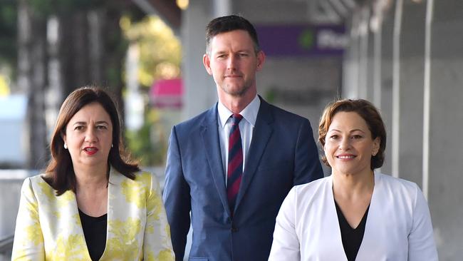 Queensland Premier Annastacia Palaszczuk, Transport Minister Mark Bailey and Deputy Premier and Treasurer Jackie Trad arrive for the announcement of major contractors for Cross River Rail. Picture: Darren England/AAP