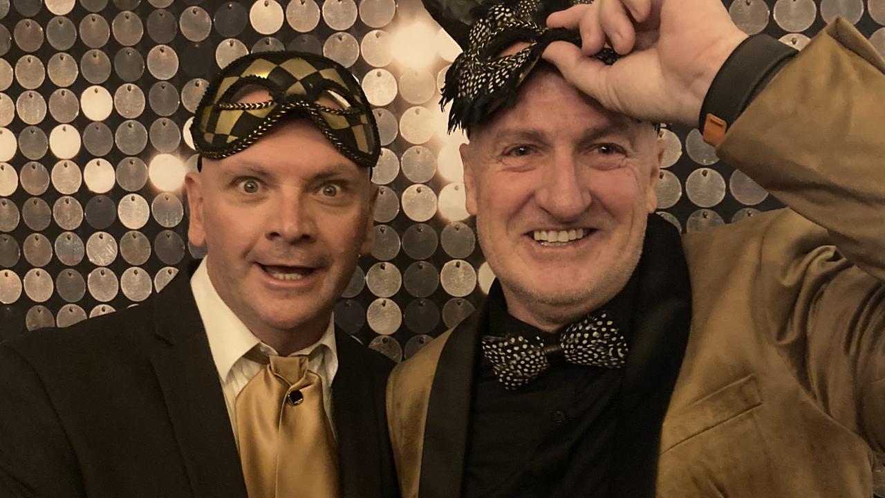 Bilko and Sean Connelly celebrate at the Gympie RSL Masked Ball, April 29 2023.