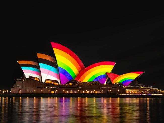 Preview of Pride: Sydney’s Opera House had a 1am test launch of its Pride lighting on Thursday. It will be unveiled to the public at 8.30pm Friday. as World Pride officially hits the Harbour City. Picture: Phillip Glanz