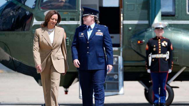 Kamala Harris arrives to board Air Force Two at Joint Base Andrews in Maryland on Saturday for her flight to Pittsfield, Massachusetts. Picture: AFP