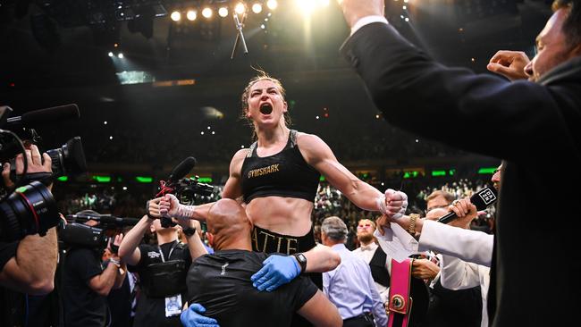 Katie Taylor celebrates her victory. Photo By Stephen McCarthy/Sportsfile via Getty Images