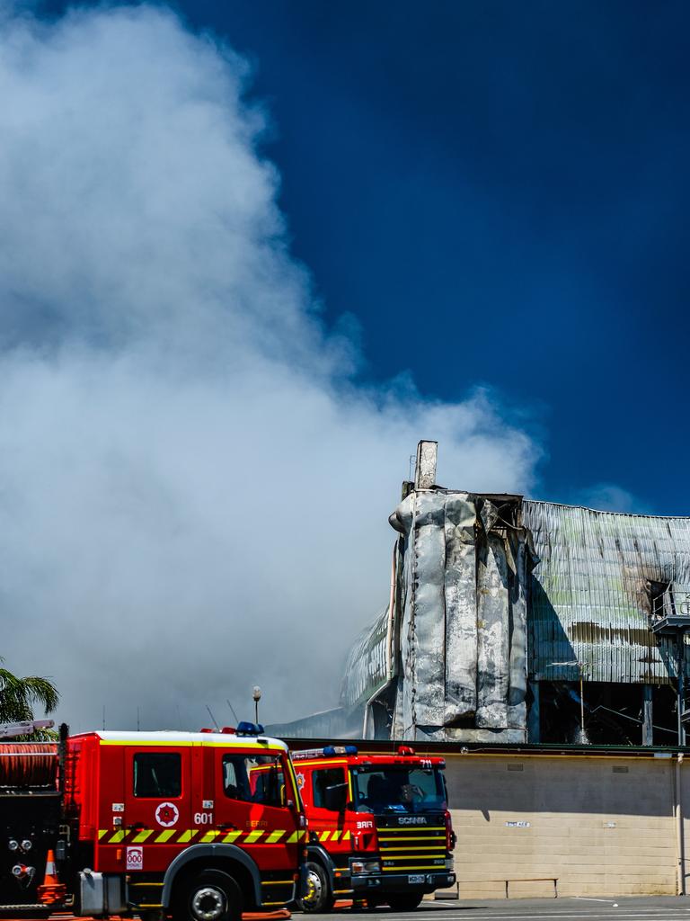 Emergency services continue to work on the huge fire at the Thomas Foods abattoir in Murray Bridge the morning after it broke out. Picture: AAP / Roy Vandervegt