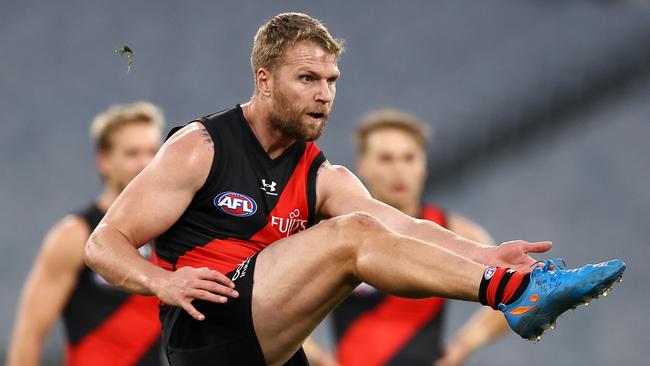 Bombers forward Jake Stringer has a shot on goal against Collingwood in Round 23 on August 22, 2021 at the MCG. Picture: Michael Klein