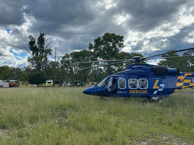 Emergency services were called to a rural road in southern Queensland after a single-vehicle rollover in the Goondiwindi region on Sunday. Photo: LifeFlight