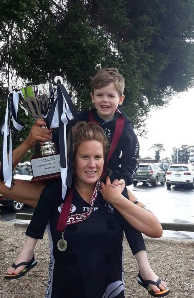 Brittany Rowbottom and son Zephyr celebrating a big win.