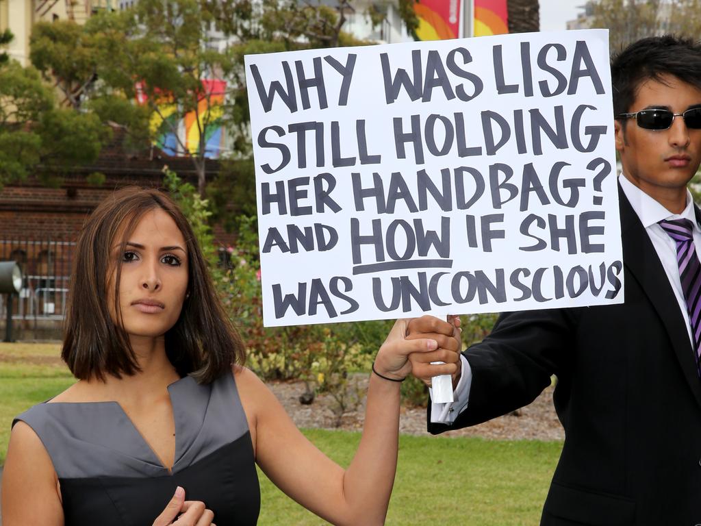 Gittany’s next girlfriend Rachelle Louise protests outside his 2014 sentencing submission hearing at Darlinghurst court.