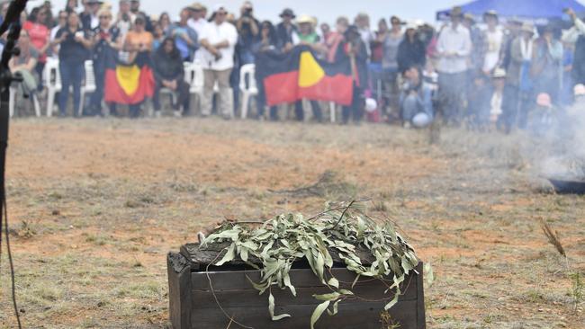 The casket of 'Mungo Man' during a repatriation ceremony at Lake Mungo on November 17.