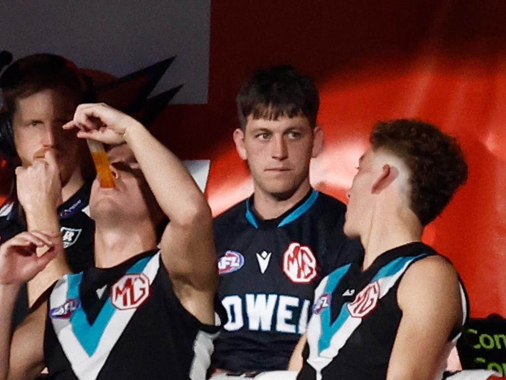 ADELAIDE, AUSTRALIA - SEPTEMBER 05: Zak Butters of the Power looks on after being subbed from the match during the 2024 AFL Second Qualifying Final match between the Port Adelaide Power and the Geelong Cats at Adelaide Oval on September 05, 2024 in Adelaide, Australia. (Photo by Michael Willson/AFL Photos via Getty Images)