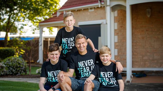 Kane Cornes with his three sons. Cornes’ new signing with Seven should allow him to spend more time at home on the weekends. Picture: Matt Turner