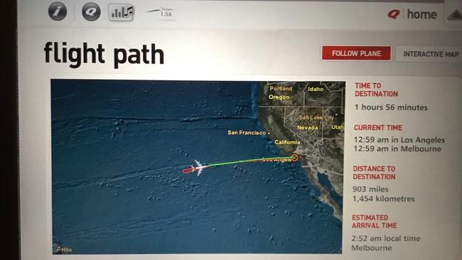 A picture from one of the seat back TV screens on the flight showing the aborted flight heading back to LA two hours into its flight. Picture: Twitter.