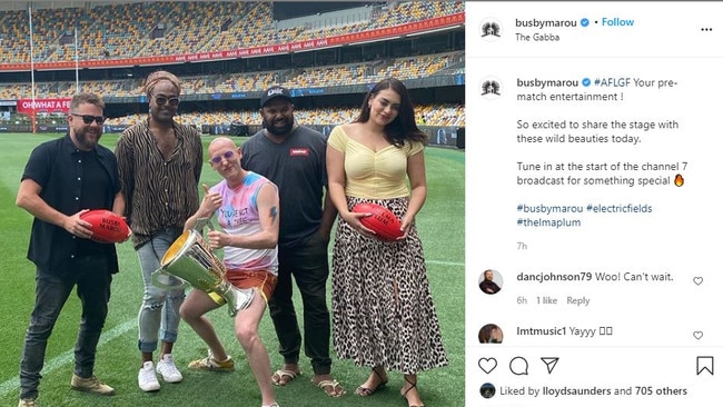 Busby Marou, Thelma Plum and Electric Fields were all part of the AFL Grand Final live entertainment at the Gabba. Picture: Instragram