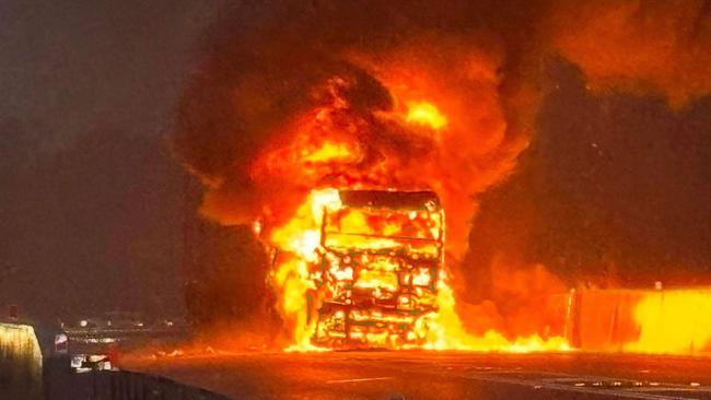 The prime mover burst into flames after a crash on the Bruce Highway at Aldershot near Maryborough.