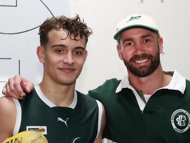 Goulburn Valley FL, Round 10, Echuca Murray Bombers V Shepparton Bears, at Victoria Park, Echuca, Cody Walker, 1, and his father and Echuca coach Andrew Walker Picture Yuri Kouzmin