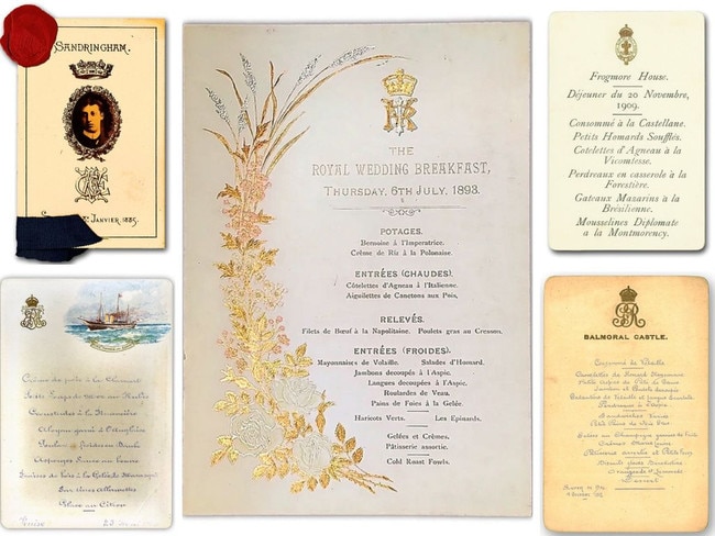 Historical royal menus including Balmoral Castle 1912, Frogmore House 1909, Sandringham 1885, royal yacht Victoria and Albert 1909, Buckingham Palace 1983