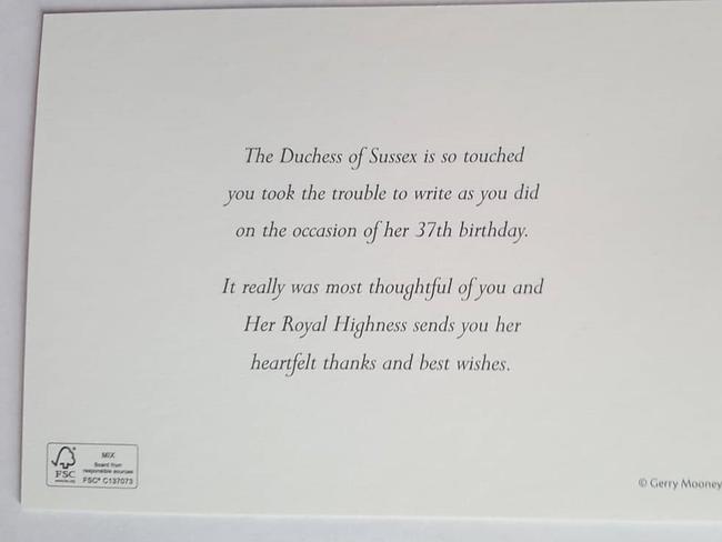 The card Meghan’s fans received in the mail. Picture: Supplied