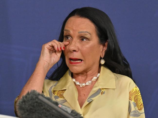 Minister for Indigenous Australians Linda Burney wipes away a tear at a press conference in Sydney, Thursday, July 25, 2024. (AAP Image/Mick Tsikas) NO ARCHIVING