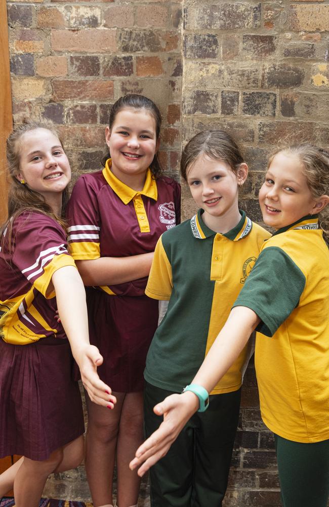 On day two of Sing Out 2024 are (from left) Mackye Finlay and Hayley Doyle of Newtown State School with Gowrie State School students Abigail Richardson and Matilda Evans at The Empire, Wednesday, June 5, 2024. Picture: Kevin Farmer