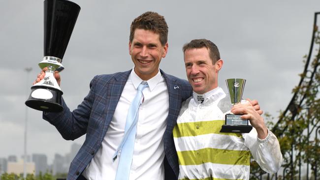 Trainer Mitchell Freedman and jockey John Allen after winning the Lightning Stakes. Picture: Vince Caligiuri/Getty Images