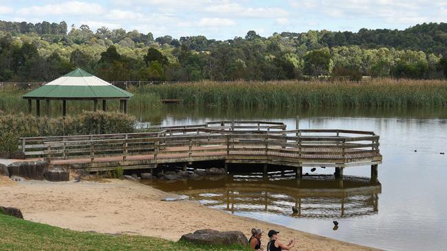 People exercising and social distancing at Lillydale Lake. Picture: Josie Hayden