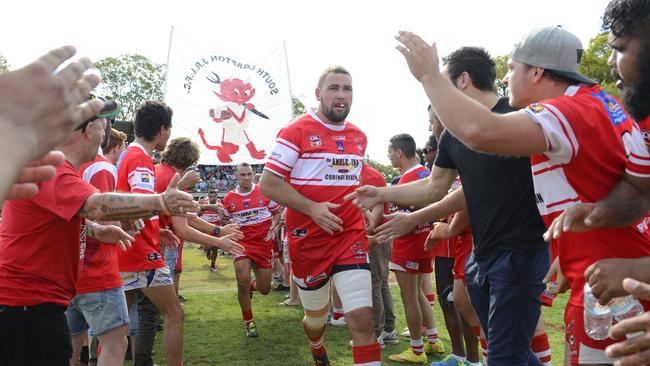 Group 2 Grand Final between the South Grafton Rebels and Grafton Ghosts at McKittrick Park South Grafton on Sunday, 11th September, 2016. Rebels captain Grant Stevens heads out to the field for the start of the grand final.